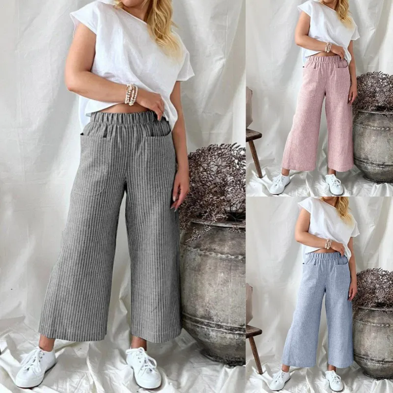 Casual Striped High Waist Straight Leg Pants for Women Long Leisure Trousers Ladies Faion Summer Print Other Material