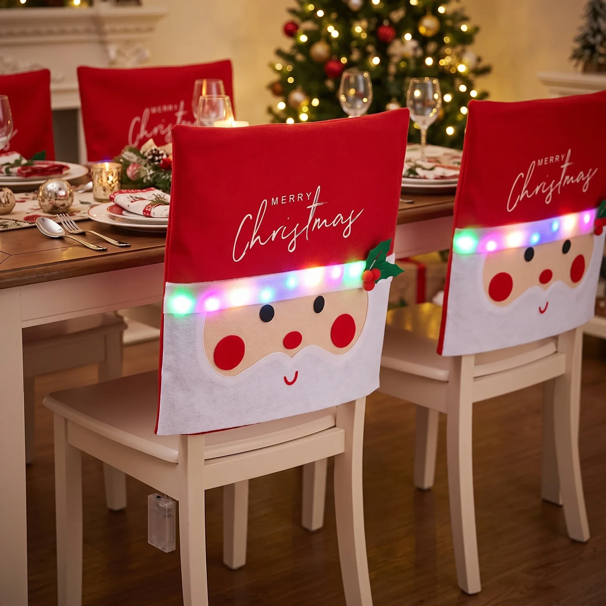 Christmas Santa Claus LED Chair Back Covers Dining Chair Slipcovers Holiday Party Decor Supplies Home Decoration Chair Cover
