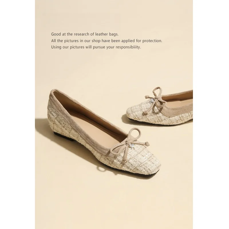 

Lindu Flat Bot Bean oes Women's Cloth Face Knot Slip-On Square Head Low Heel Single oes Light Brown