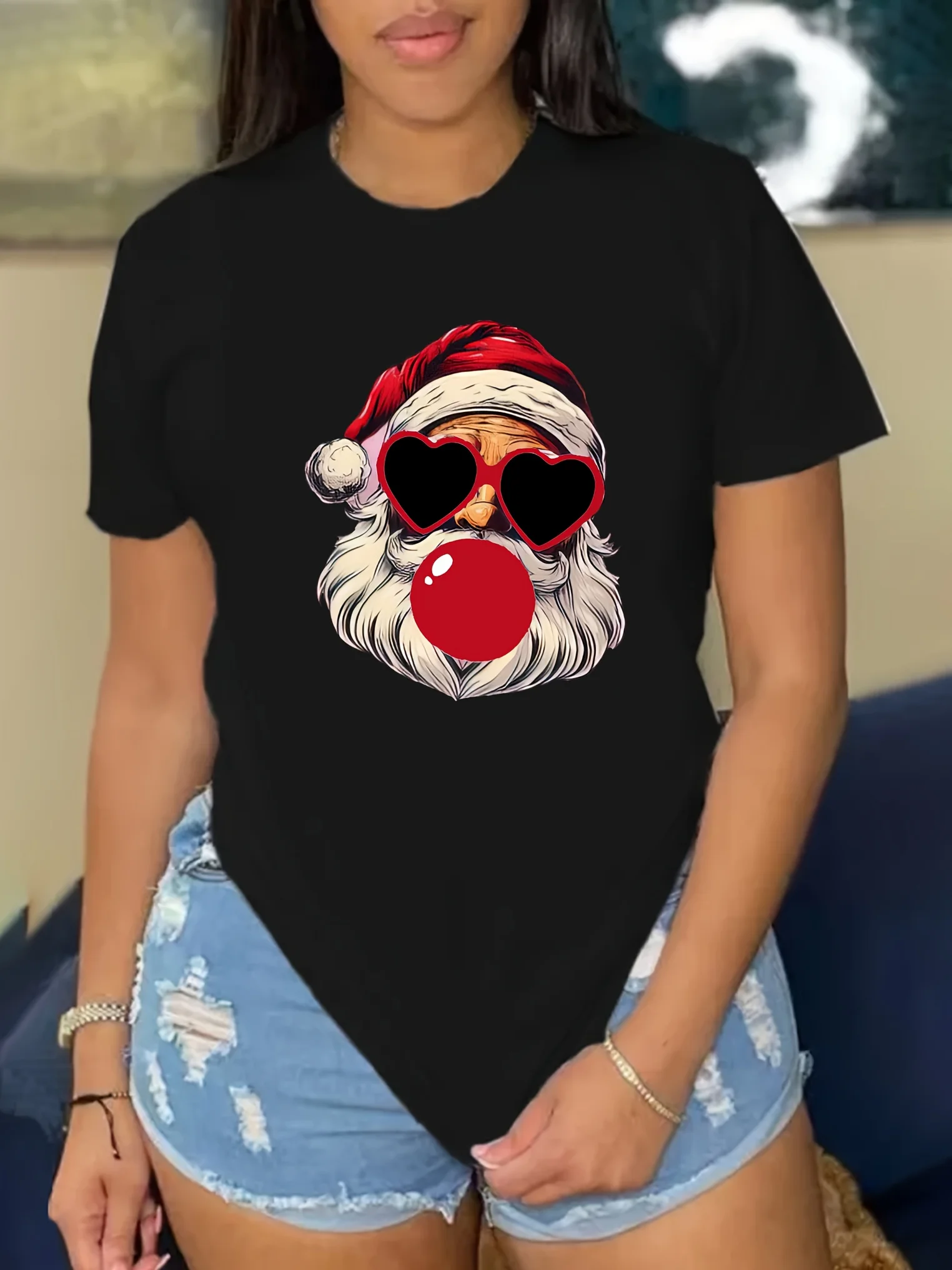Women's Christmas Santa Print T-Shirt Casual Round Neck Short Sleeve Spring Fashion Knit Fabric Harajuku Sleeve Aesthetic Clothe