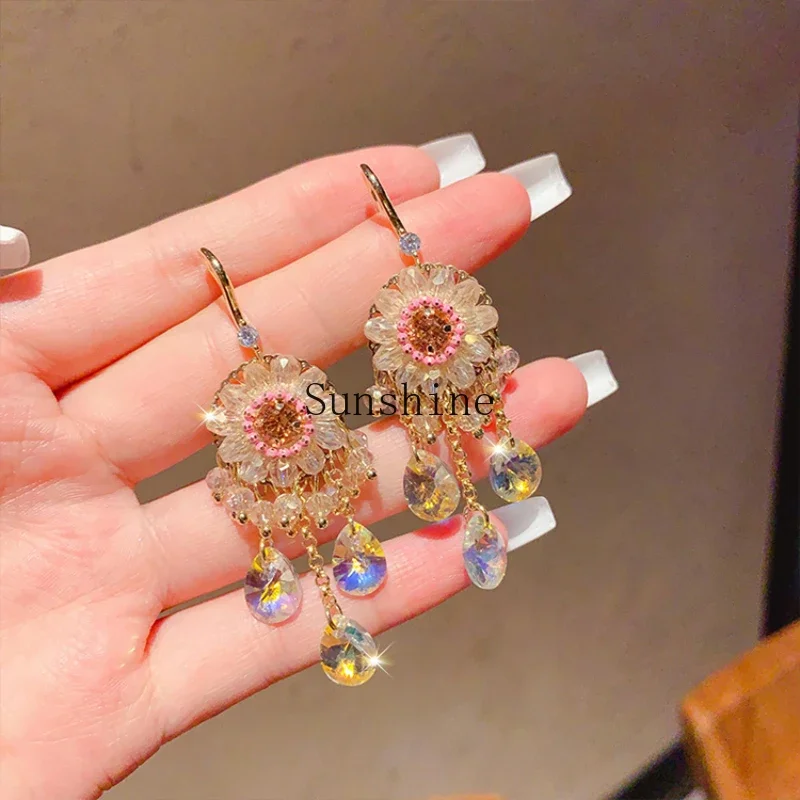 

Retro ethnic style crystal fringed earrings fashionable versatile high-end earrings