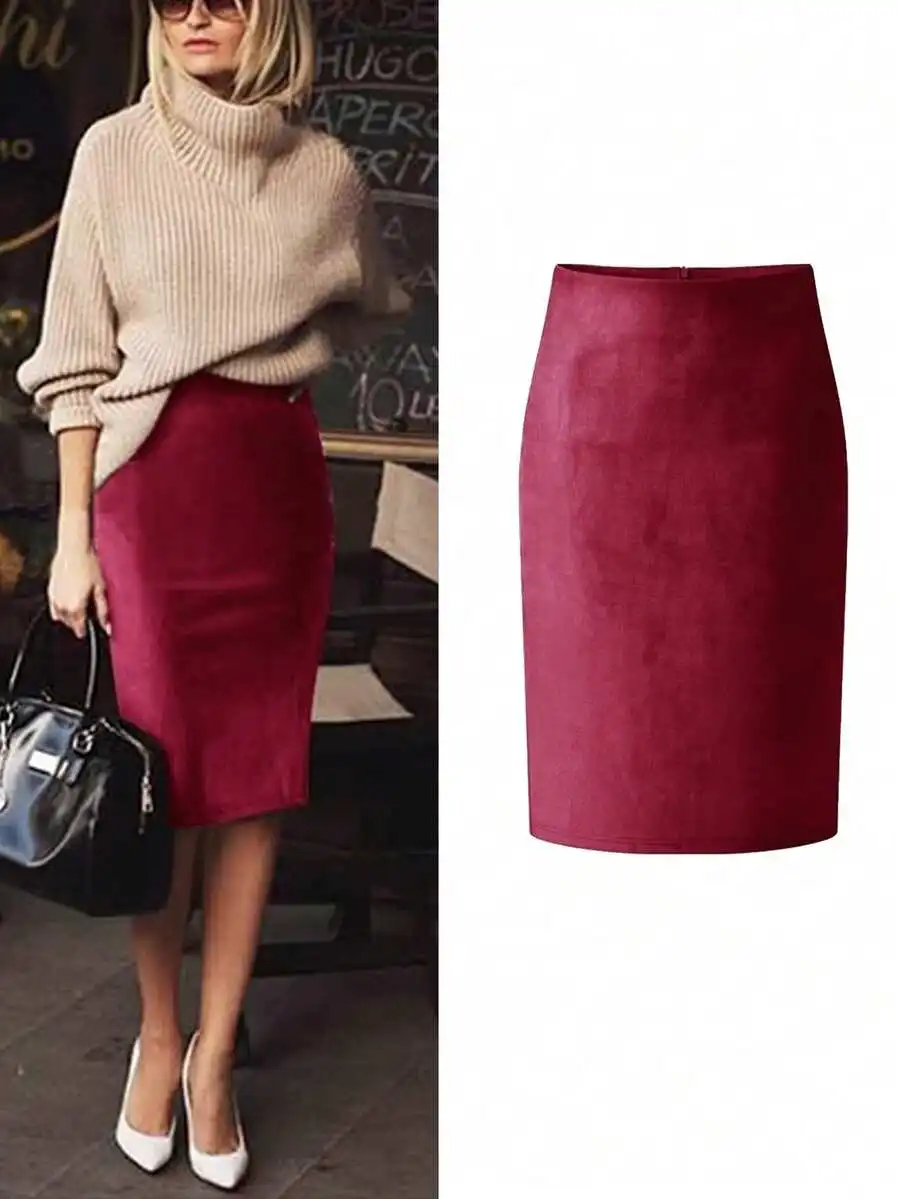 

Женская бордовая бархатная юбка-карандаш с разрезом сзади и застежкой-молнией