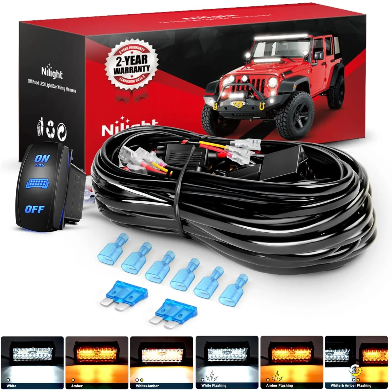 Nilight 16AWG Strobe Light Wiring Harness Kit 2 Leads Customized for 6 Modes Amber White Strobe Lights LED Work 12V 40A On Off 8 Pin Switch Modes Changing Memory Reset Function