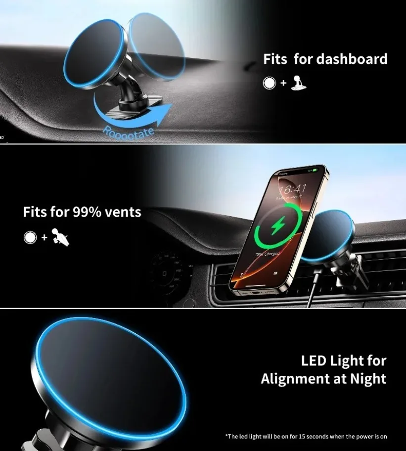 Magnetic Wireless Car Charger 15W Fast Charging Phone Holder For Smartphone Universal Dashboard Mount Compact Black