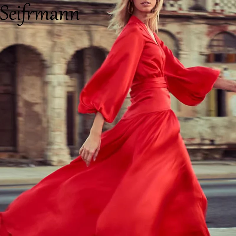 

Seifrmann, однотонное вечернее платье с рукавами-фонариками для женщин, платья с глубоким v-образным вырезом и высокой талией, весна-лето, новинка 2023 г.