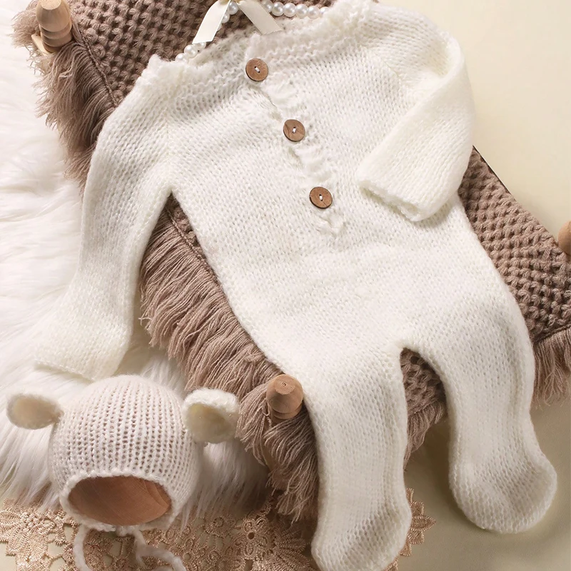 Ylsteed Newborn Boy Photoshoot Outfits Knitting Cute Bear Ears Jumpsuit with Hat Baby Animal Pattern Clothes