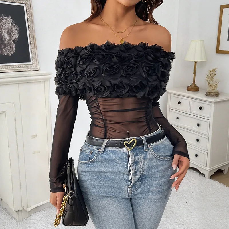 

American European New Fashion Women’s Black Solid Color Casual Trendy Slash Neck Elegant Long Sleeve Rompers Female Slim Clothes