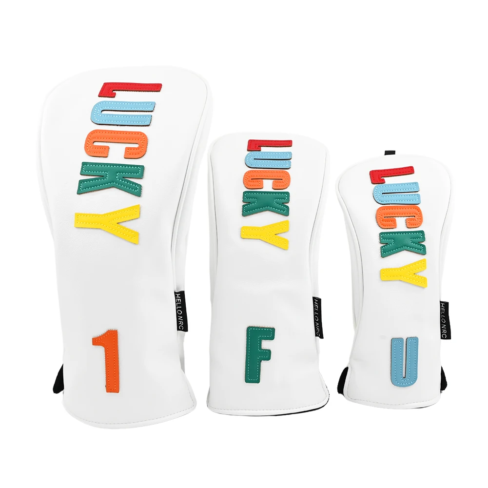 3個入りゴルフクラブヘッドカバー「lucky」柄ゴルフヘッドカバー、ドライバー、フェアウェイ用ヘッドカバー