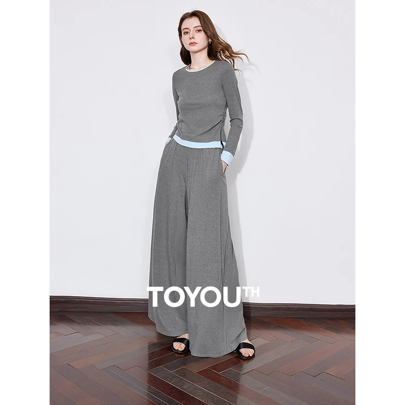 TOYOUTH Women Two Piece Sets 2025 Spring New Color Blocking Splicing High Elasticity T-shirt With Wide Leg Casual Pants