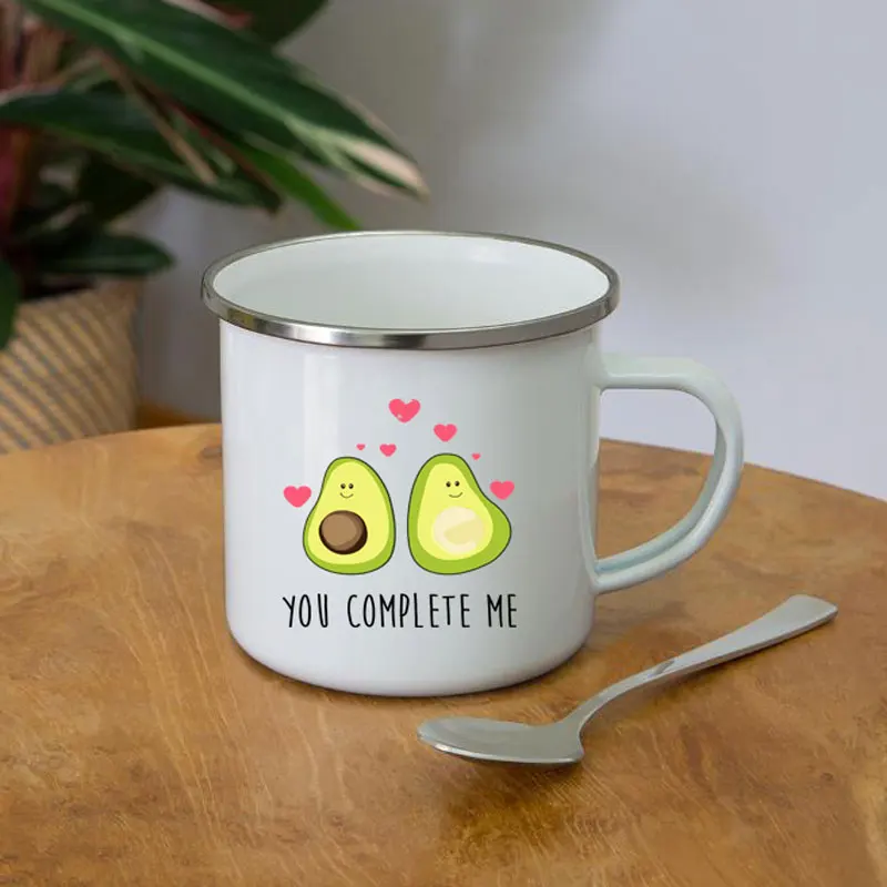 Cartoon You Complete Me Avocado Print Enamel Coffee Mugs With Handle Wine Beer Drink Juice Cola Cups Milk Mug Best Festival Gift