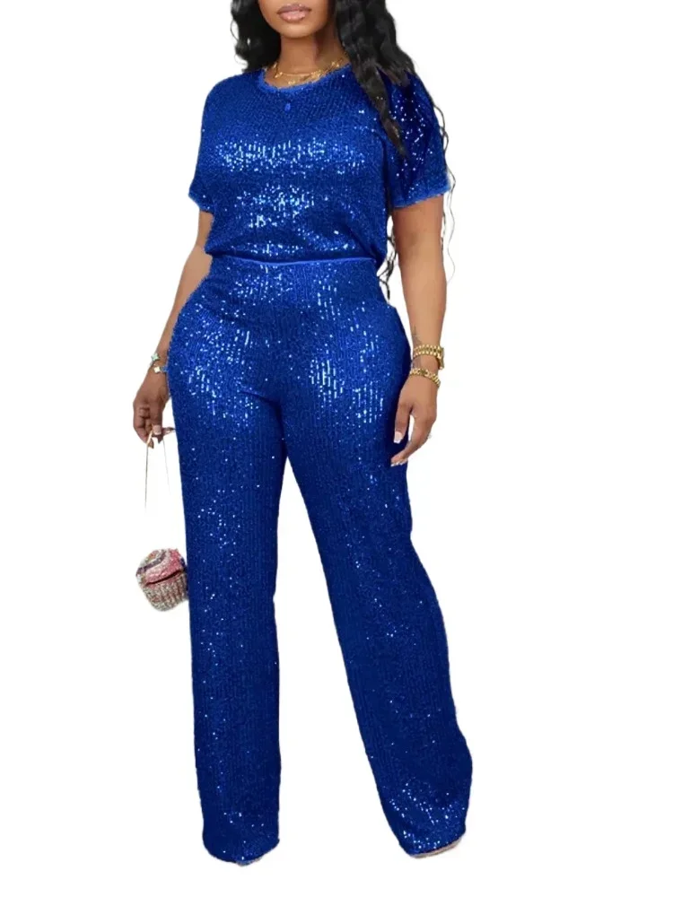 

Autumn Casual Sequin Two Piece Set for Womeb Fashion Solid Short Sleeved Tshirt Wide Leg Pants Sequin Two Piece Set Women
