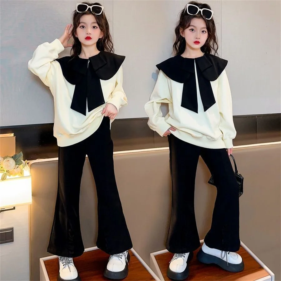 girls spring  New Fashion Trendy long Sleeve Suits 4 6 8 10 12 14 Years Youth Teenage Girls Korean Style 2Pcs Tees Clothes