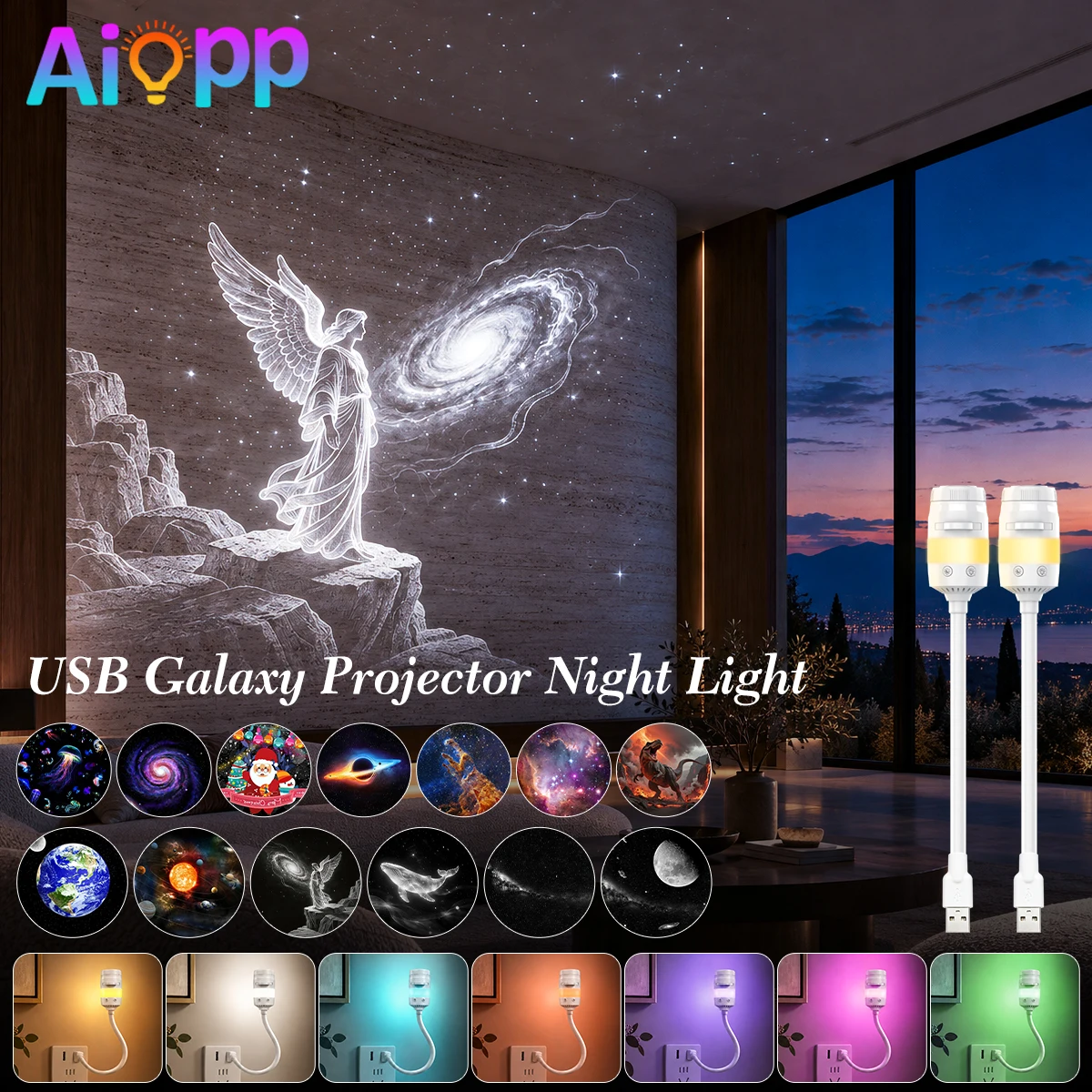Lampa projekcyjna 2 w 1, wyświetlająca motywy gwiazd, z regulowanym ogniskiem i obrotem o 360 stopni. °   Kolorowa lampka nocna z efektem projekcji, wymienne folie do dekoracji sypialni, salonu, na
