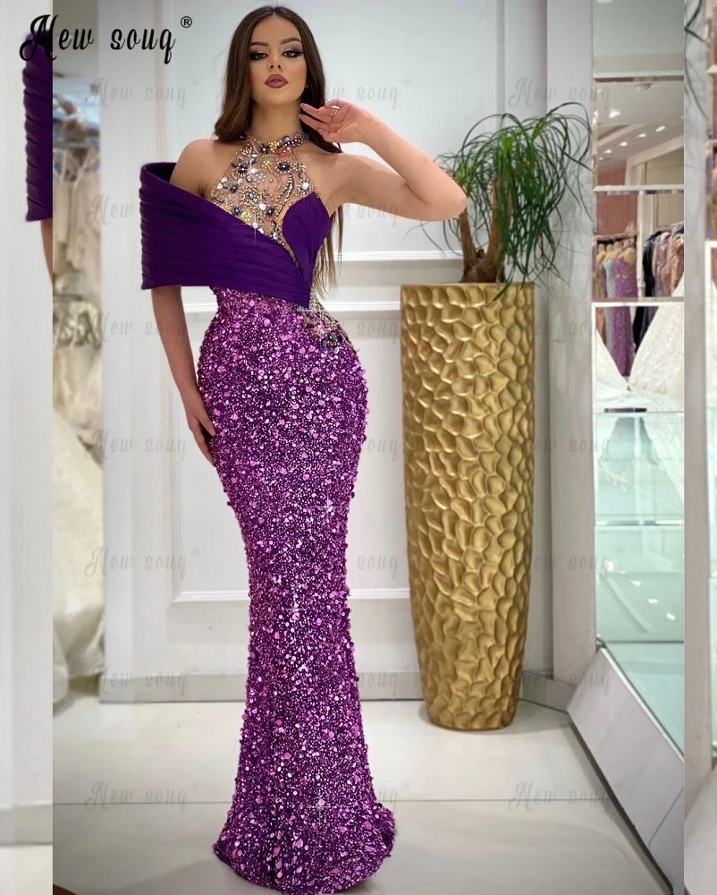 Elegant Purple Sequins Party Dress Handmade Beaded Crystals Evening Night Gowns Mermaid Floor Length Wedding Party Gowns Dubai