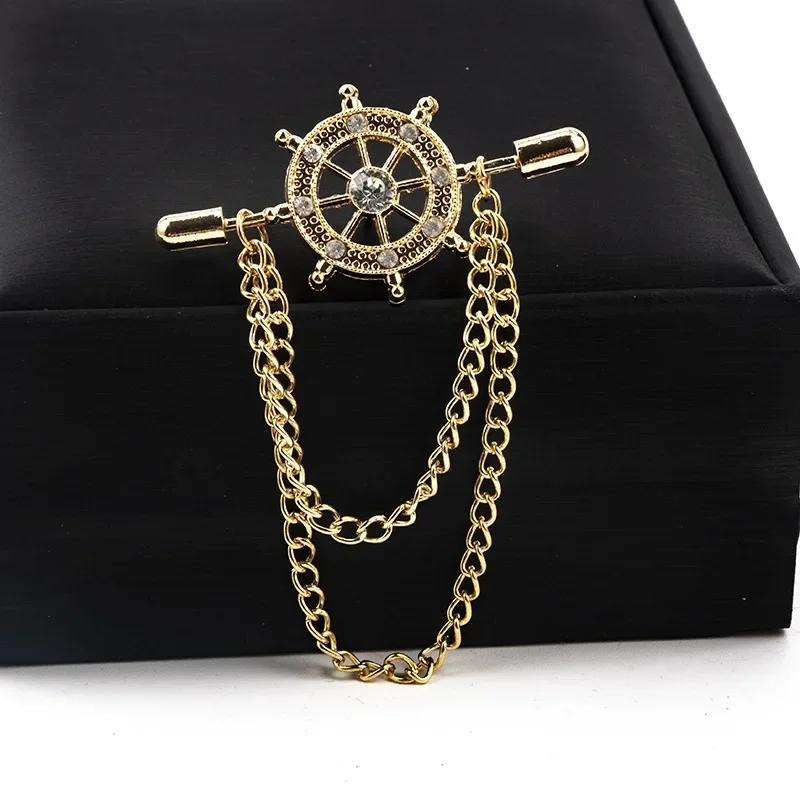 Korean Retro Crystal Brooches Navy Rudder Brooch Pin Tassel Chain Suit Shirt Badge Collar Lapel Pin for Men and Women Jewelry view 3
