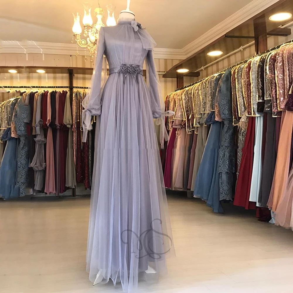 Purple Evening Dresses For Women Full Sleeves Zipper Prom Gowns Muslim Tulle A-Line Floor Length فساتين مناسبة حسب الطلب