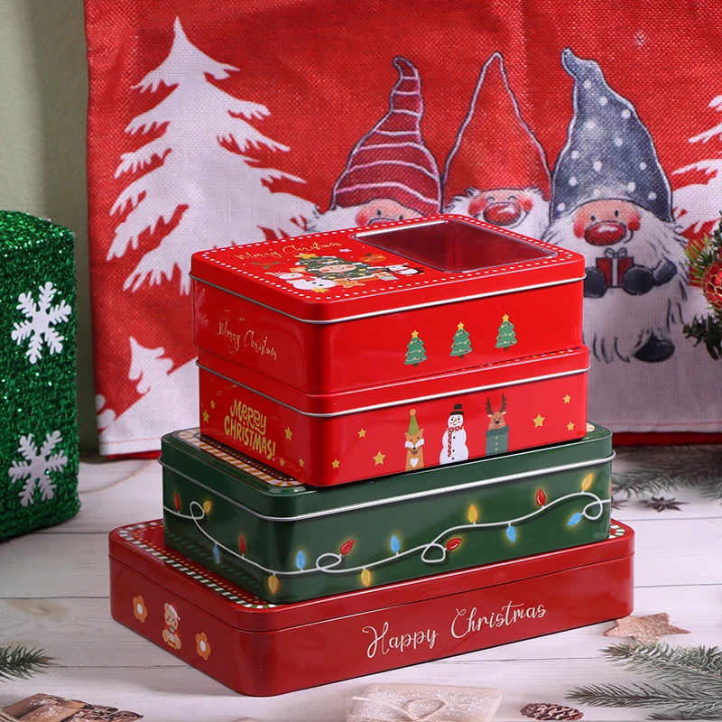 Christmas Merry Tinplate Rectangle Candy Box Gift Storage Box Biscuit Can Home Hand Card Container Party Cookies Storage Box