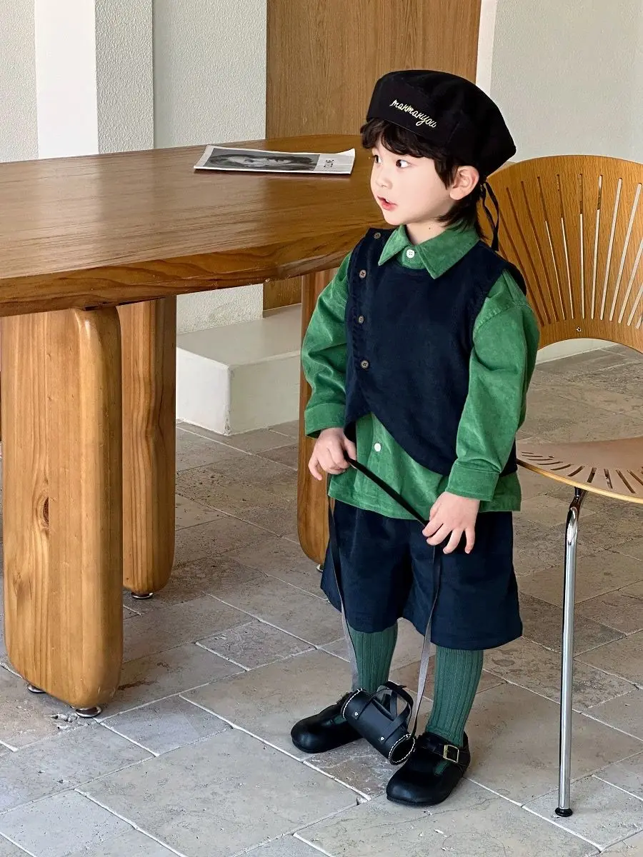 Spring Autumn Fashion Boys Casual Kids Gentleman Vest+Green Shirt+Shorts Children Casual Pants 3Pcs Casual Suits Sets Clothing