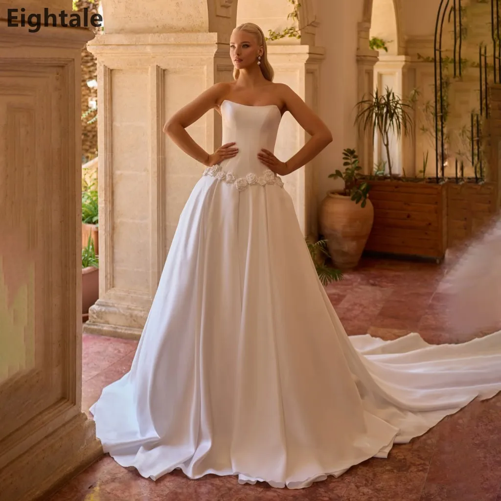 Sevintage Strapless Corset Satin Wedding Dress Handmade 3D Rose Waist A Line Chapel Train Dubai Classic Bridal Gown Customized