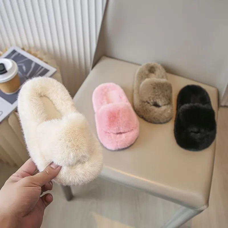 2026 Cross Border Kids One Band Plush Slippers Autumn Winter Warm Non Slip Indoor Cotton Shoes For Boys Girls Toddler Baby