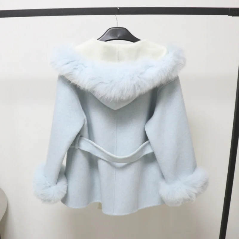

Women's Autumn Winter Fox Fur Trim Hooded Long Sleeve Wool Coat Lady Elegant Streetwear Solid Color Fox Fur Cuffs Wool Outwear