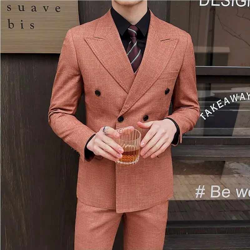 

(Jackets+Pants+Vest) High-quality Men's Double Breasted Elegant Fashion Suits 3 Pcs 2024 New Casual Wedding Social Suit Tuxedo