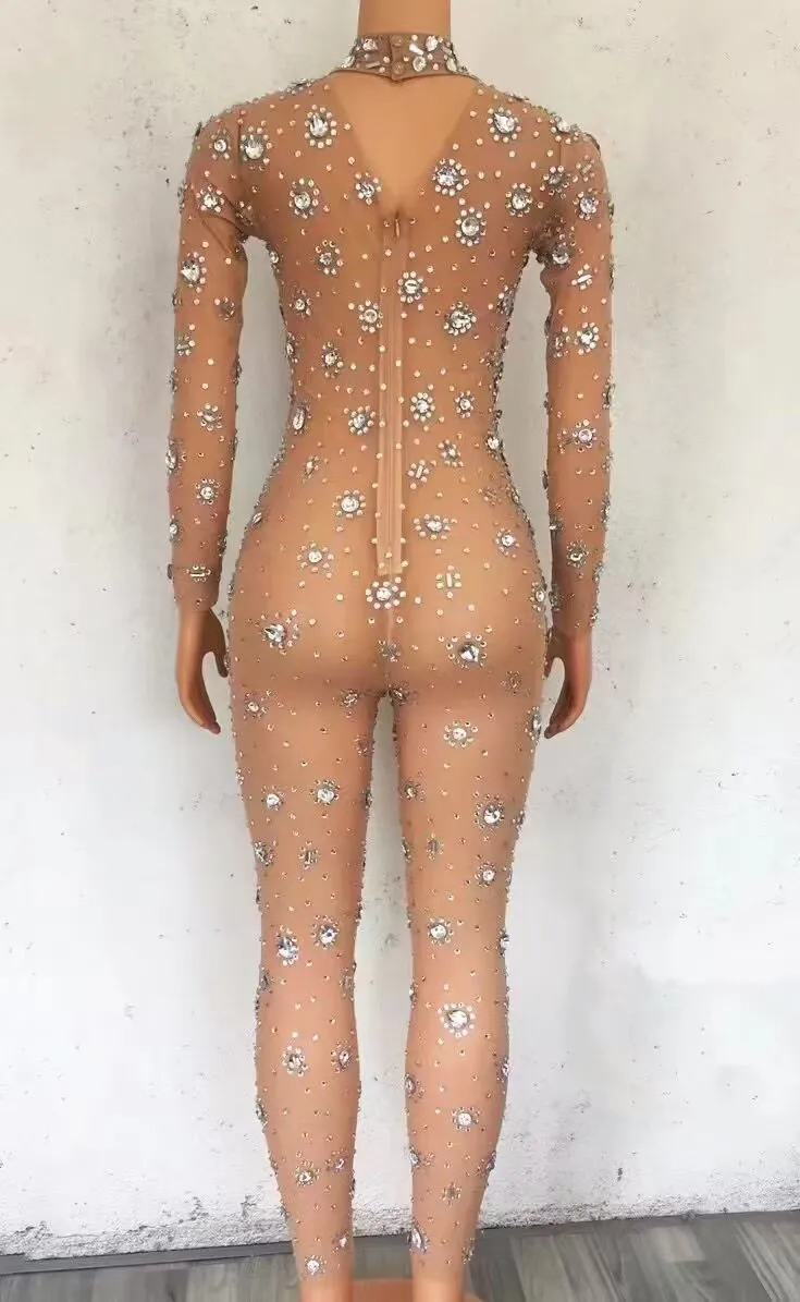 Rhinestones Sheer Mesh Jumpsuit  Sexy Women Birthday Celebriate Party Dancer Show Skinny Rompers Stage Rave Wear
