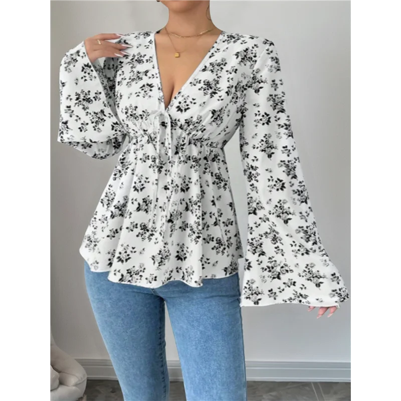 NEW-Women's Floral Print Blouse Long Sleeve Babydoll Shirt Deep V Neck Peplum Top