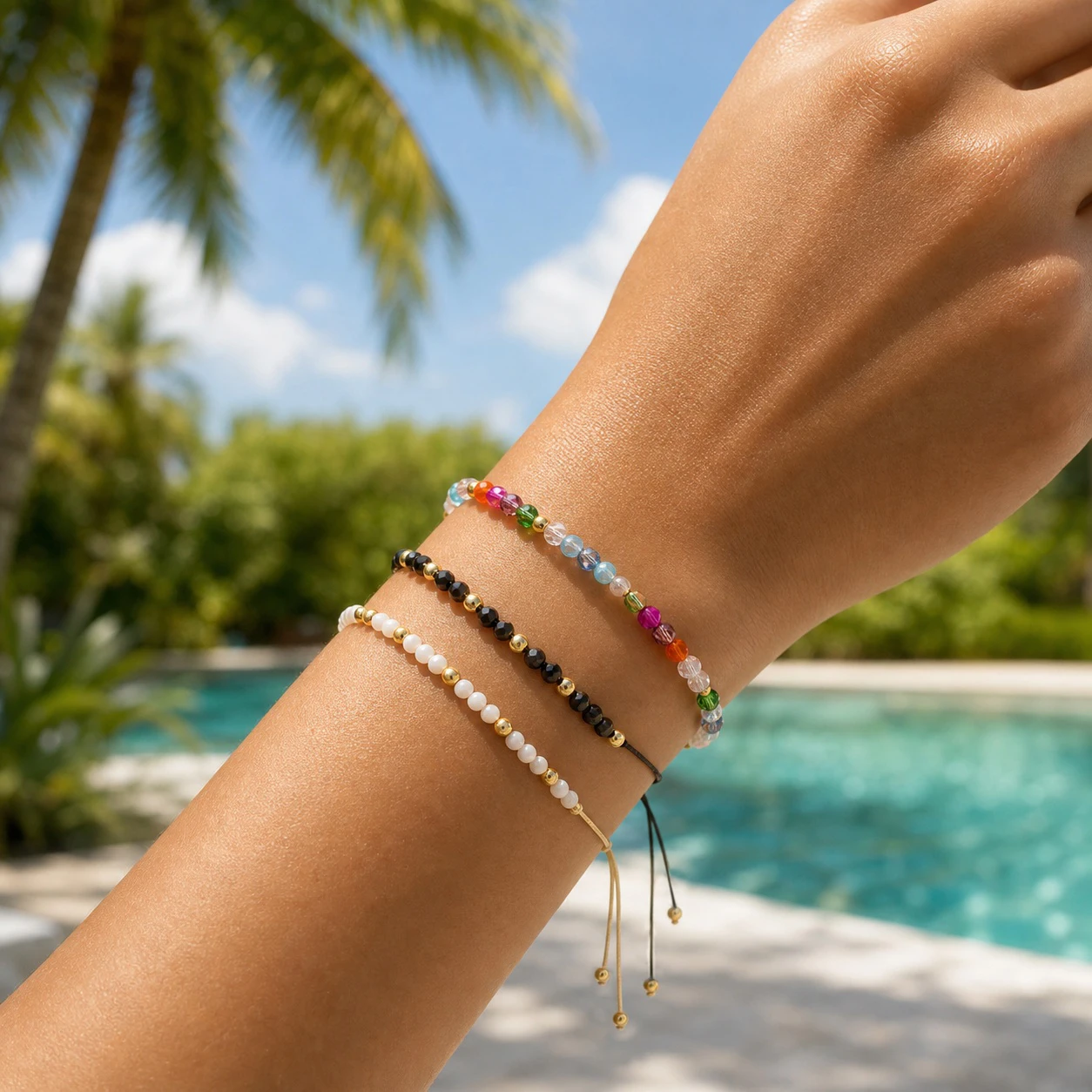 3pcs Women's Colorful Boho Round Crystal Beaded Adjustable Drawstring Strand Bracelets with Copper Beads Beach Style