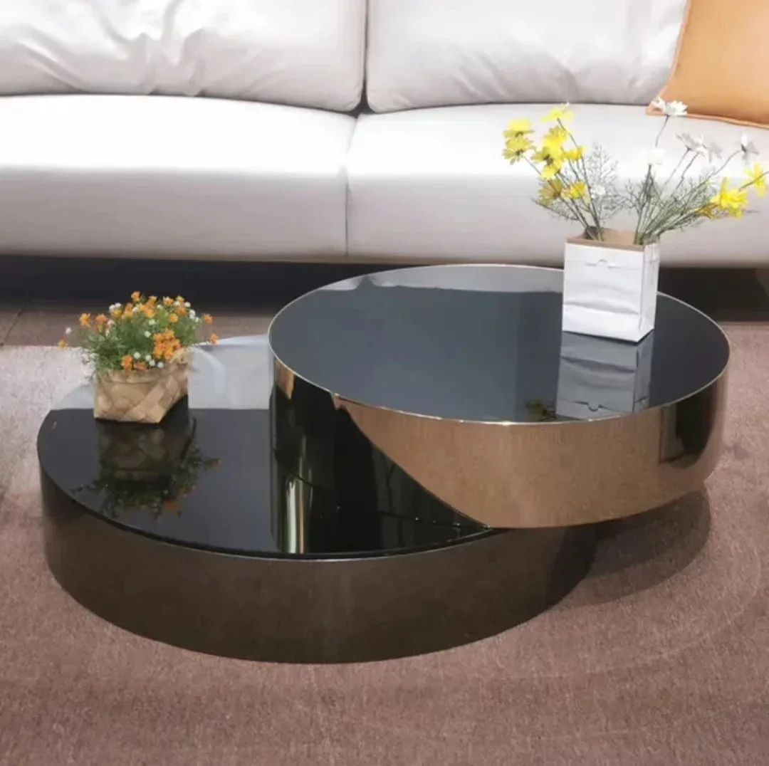 Uxury-Table Basse Rotative Moderne en Acier Inoxydable et Verre Trempé, Ronde, de Styliste, Haut de Gamme