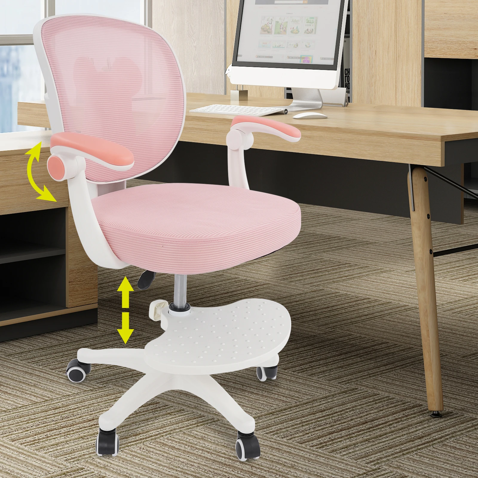 Ergonomischer Kinderschreibtischstuhl für Kinderzimmer, höhenverstellbar 76–86 cm, mit klappbaren Armlehnen und Rückenlehnenunterstützung