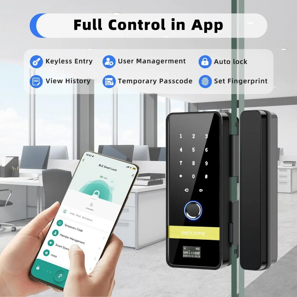 قفل باب زجاجي ذكي، 7 في 1 بدون مفتاح لبصمة الإصبع مع التحكم في التطبيق، أقفال رقمية إلكترونية مع رمز لوحة المفاتيح، Aut #4