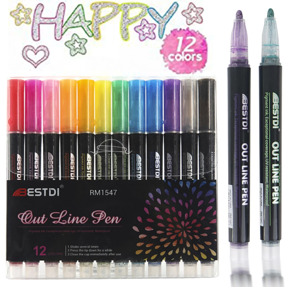 8/12 สีชุด Double Line Outline ปากกา, self-Outline เครื่องหมายโลหะ Glitter การเขียนปากกาสําหรับคริสต์มาสการเขียนการ์ด