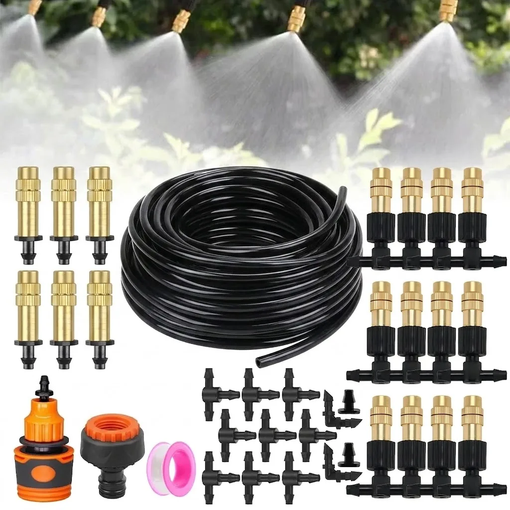 Outdoor Misting Cooling System 10M 30M 1/4'' Brass Atomizer Nozzles 4 7mm Hose For Patio Greenhouse Garden Irrigation Watering