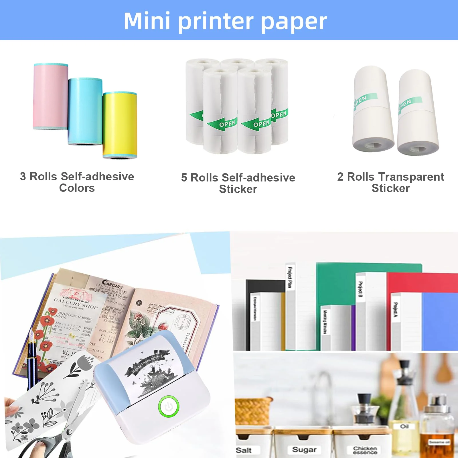 10Rolls Thermal Papers  Mixed 57mm Width For Mini Thermal Printer White Transparent Sticker Blank Clear Photo Papers BPA Free