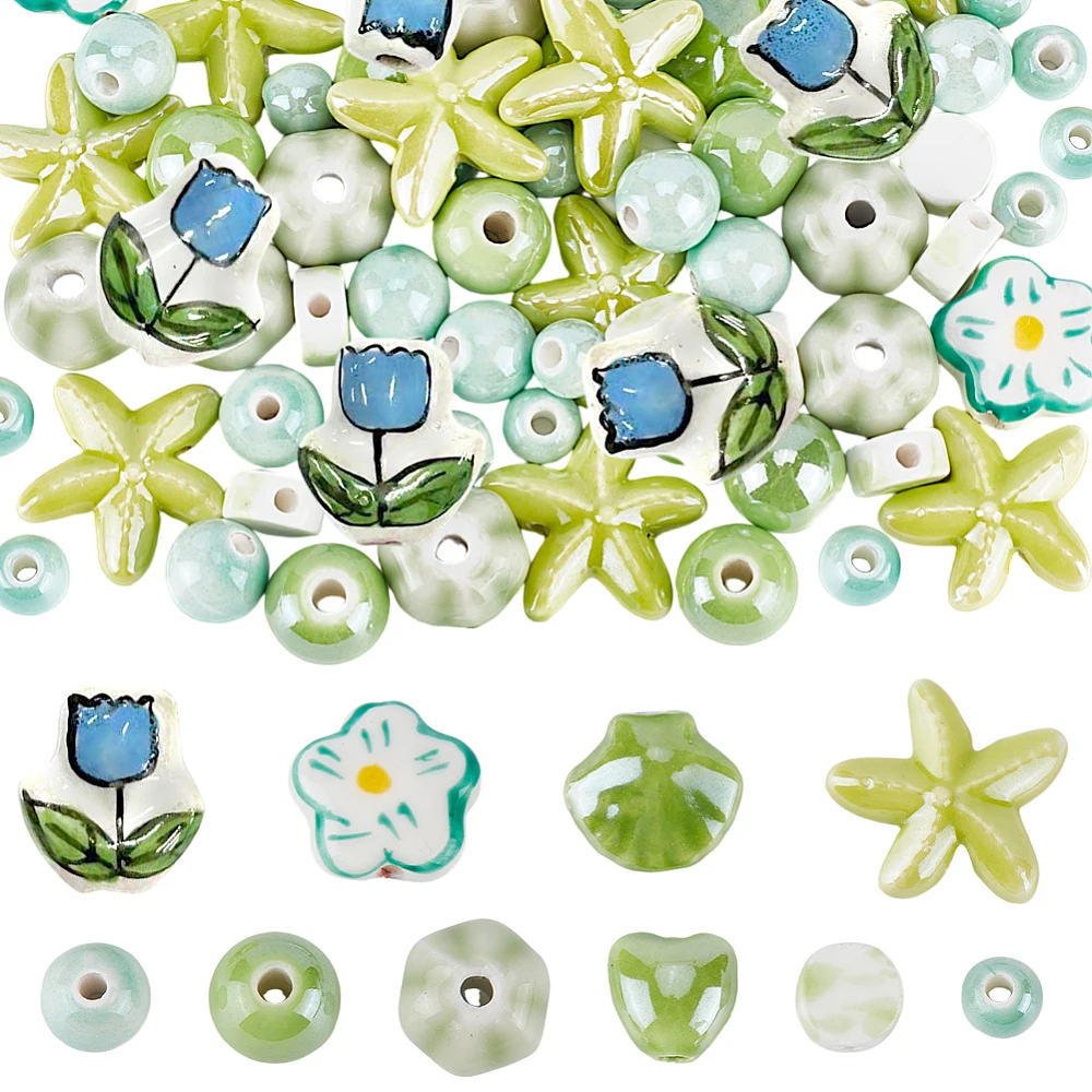 78pcs Ceramic Flower Beads 10 Styles Green Round Handmade Porcelain Beads Flower Heart Round Ceramic Bead Shell Starfish Spacer