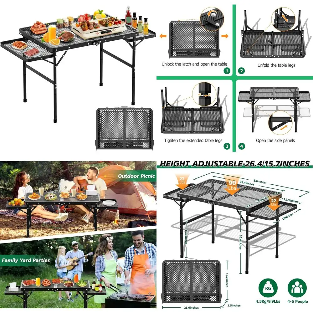 

Adjustable Height Portable Camping and Grill Table with 2 Extra Desks, Suitable for Outdoor, Picnic, and BBQ, Large Size 53.14 x