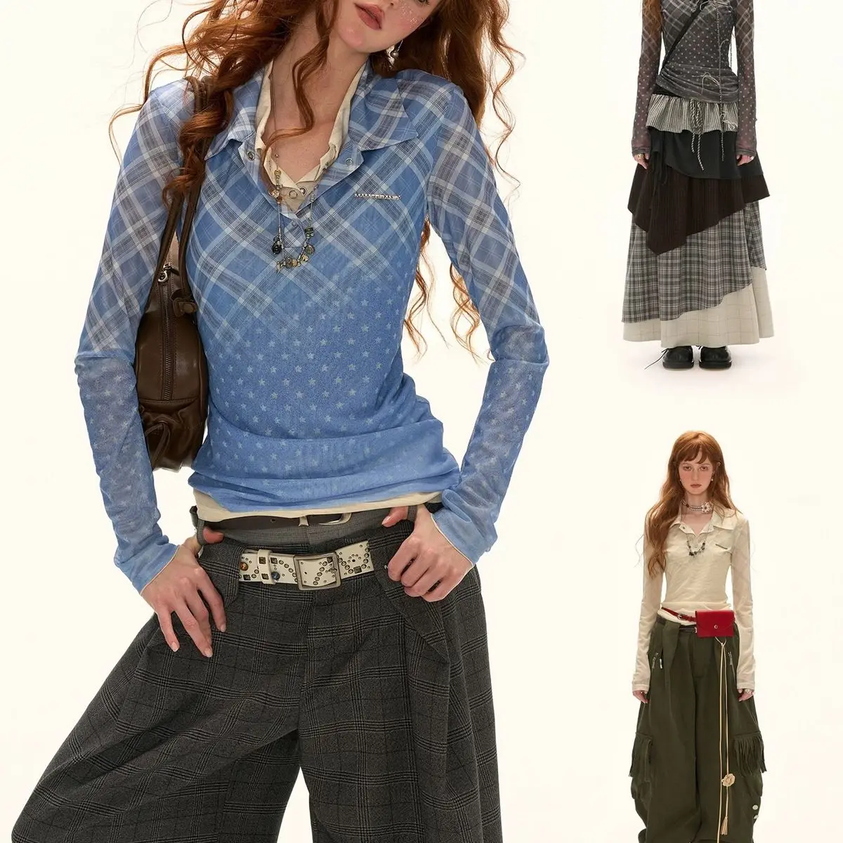 

Mesh gradient plaid printed long sleeved T-shirt for women autumn slim fit base shirt top high-end worn Y2K Fashion Trend