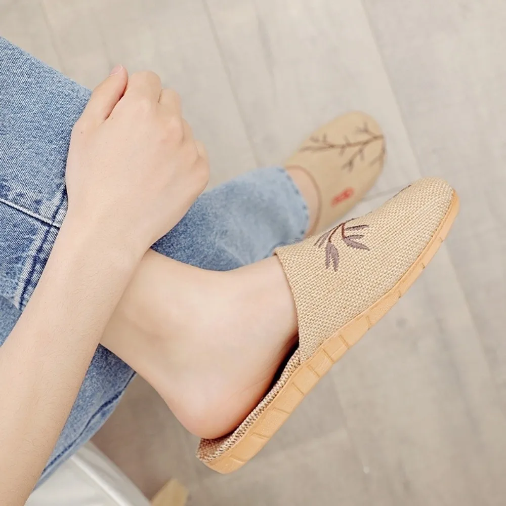 

Embroidery Flower Bamboo Indoor Slippers Linen Non-Slip Plum Blossom Slippers Sweat Absorption Soft Bottom Women Men Slippers