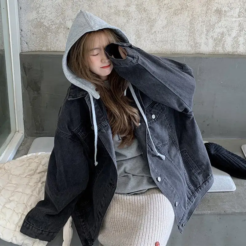 

Women's Casual Denim Jacket with Hoodie 2025 Spring Autumn, Unisex BF Style Oversized Jacket, Two-Piece Design for Petite Women