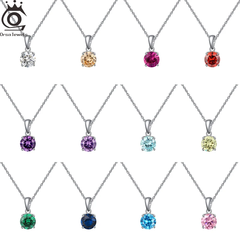 

ORSA JEWELS 925 Sterling Silver Colorful Round Shaped Pendant Choker Chain Earrings CZ Shiny Birthday Stone Necklace Gift SN118
