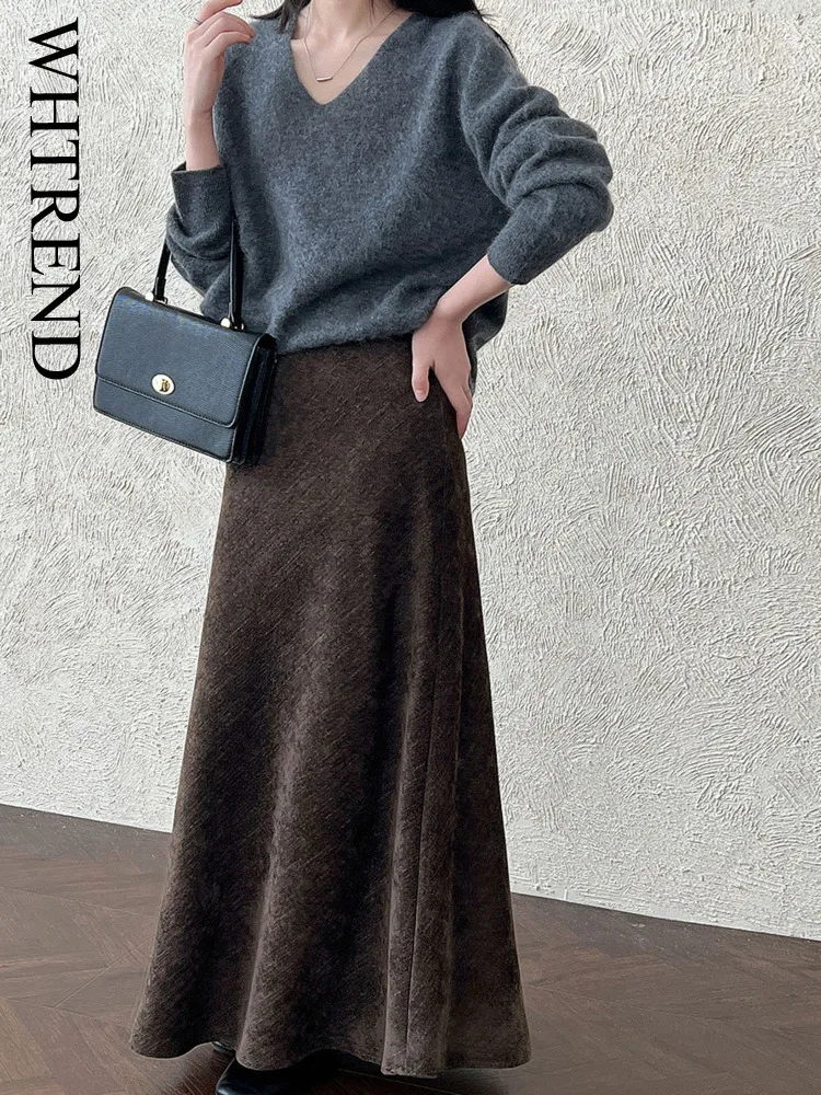 

WHTREND Twill Brushed A-Line Skirt For Women Autumn Winter High-End Fashion Bodycon Midi Skirts WH2008