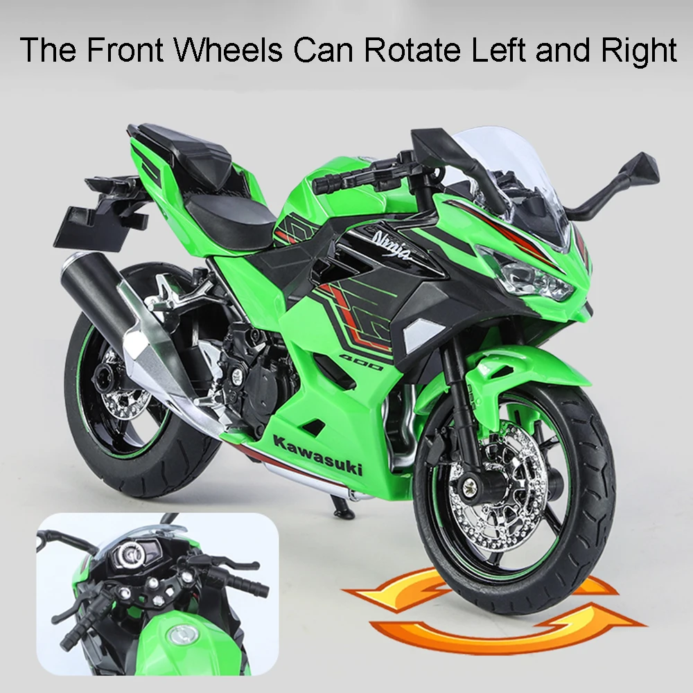 1:12 Kawasaki Nijia 400 H2R motocicleta modelo juguetes aleación Diecast sonido luz absorción de impacto dirección de la rueda delantera para niños regalos