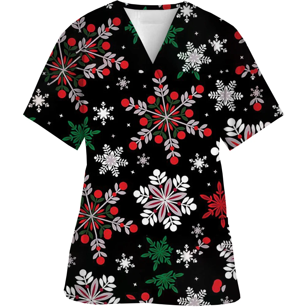 Fashion Surgical Uniforms Holidays Christmas Prints Style Pocket Design Surgical Costume Women V-Neck Short Sleeve Nurse Medical