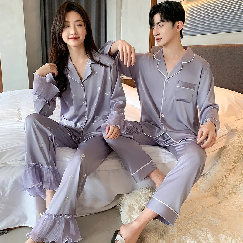

Couple Pajamas Suit Spring Autumn Satin Ice Silk High-end Sleepwear Men Summer Luxury Classic Loungewear Thin Homewear Women