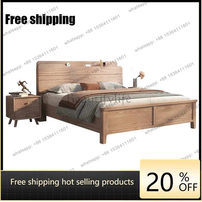 LX Nordic ash wood solid wood bed modern simple cream wind rechargeable storage bed