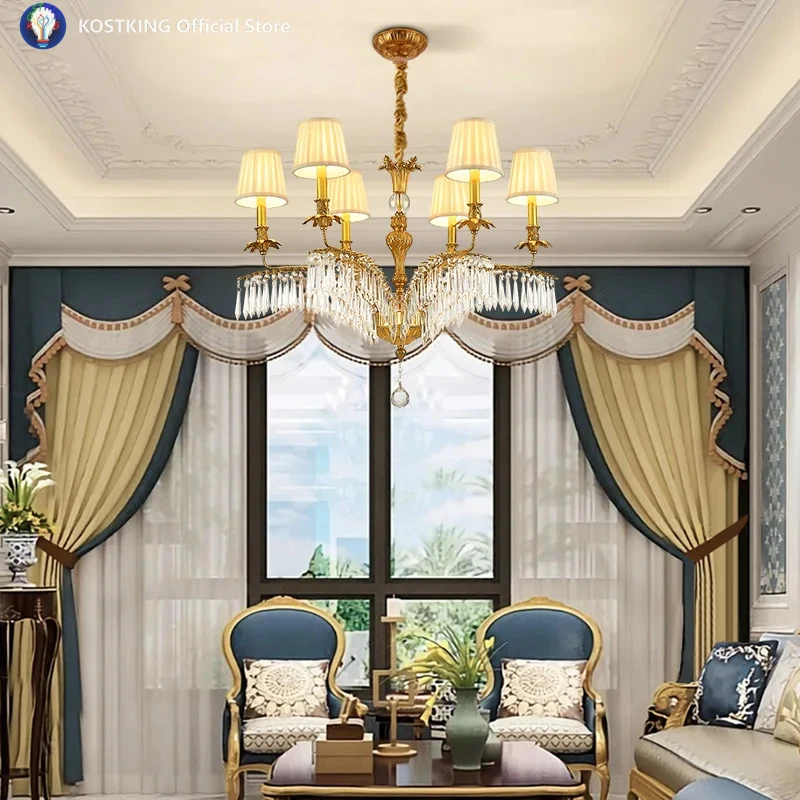 Brass - Crafted European Style Crystal Chandelier, Fabric Lampshade Decorative Pendent Light For Living, Study And Bedroom