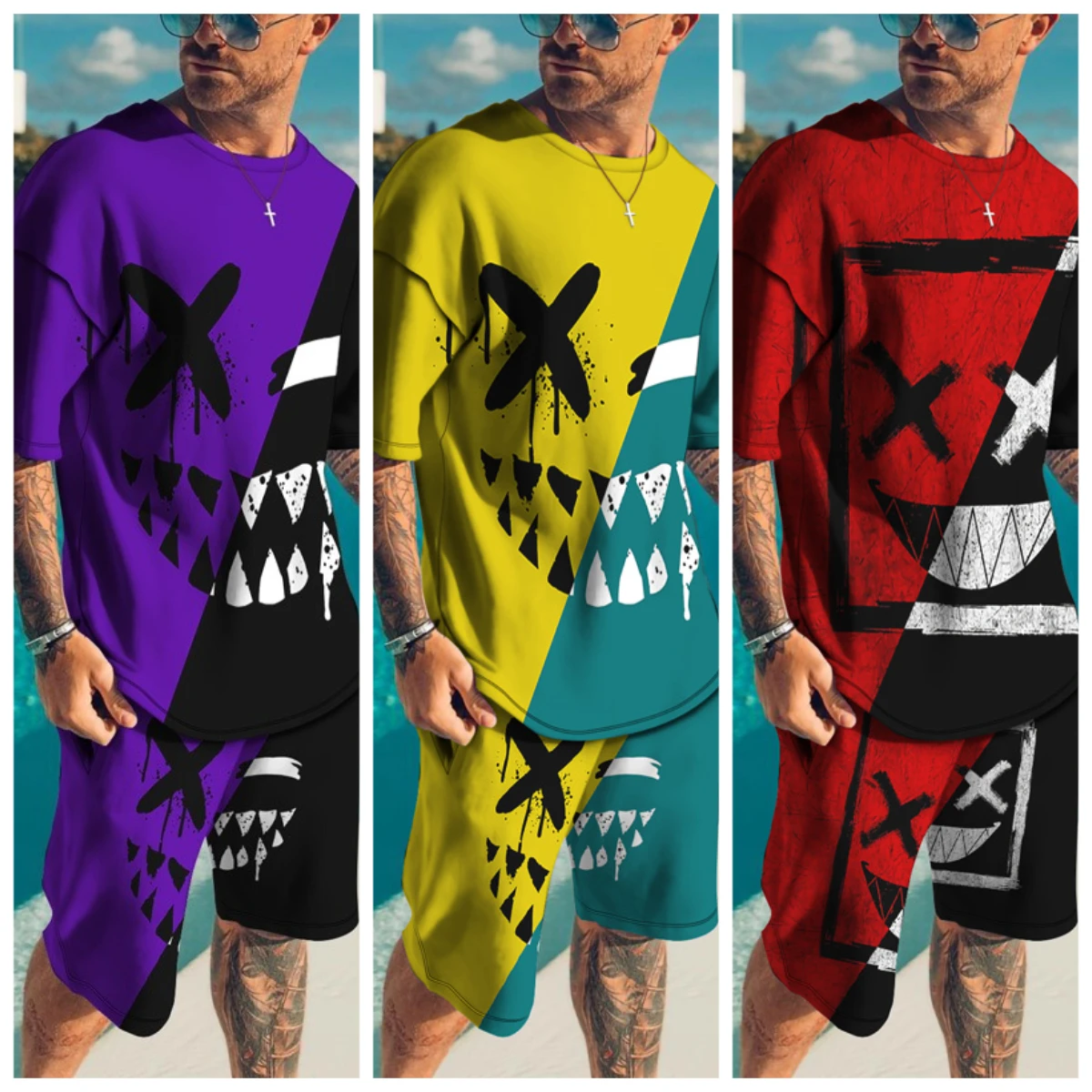 

Summer Men's Hot-selling Fashion Casual 3D Printing Men's Suit Breathable Quick-drying Comfortable Men's Crew Neck T-shirt Set