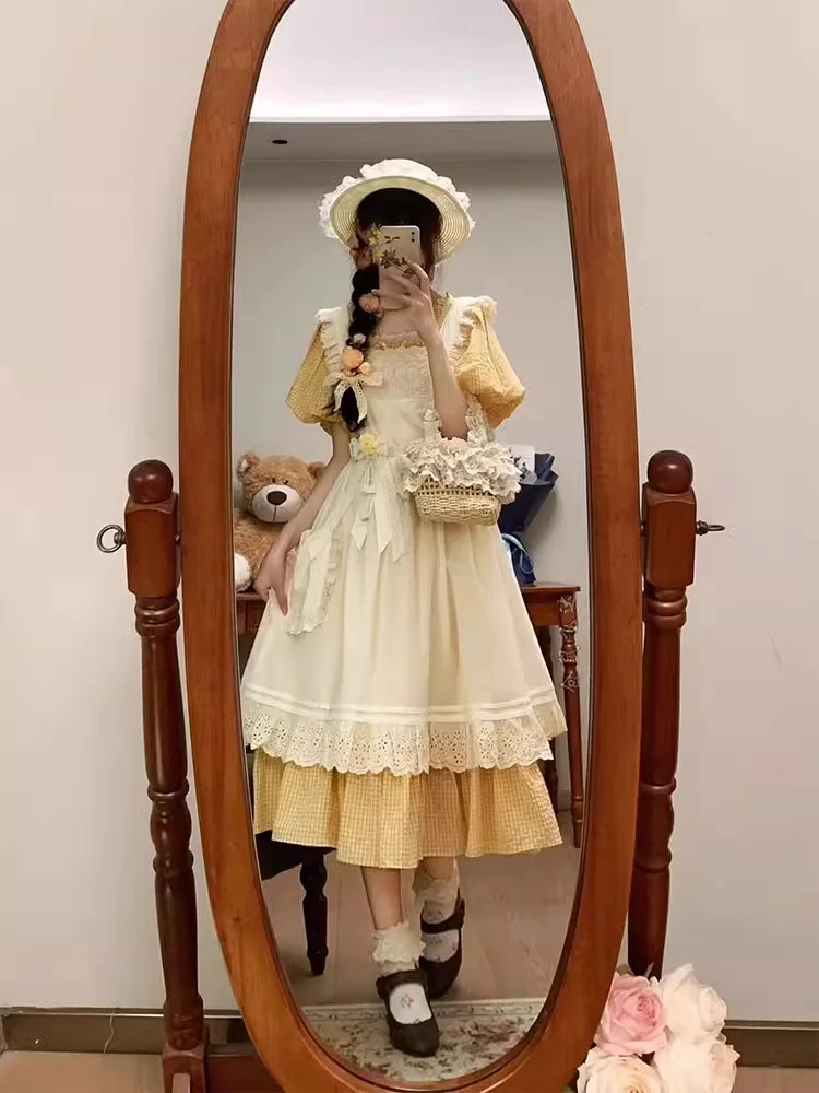 

French Vintage Lolita Dress Set, Princess Tea Party 2-Piece Outfit, Summer Garden Elegant Skirt & Apron for Girls