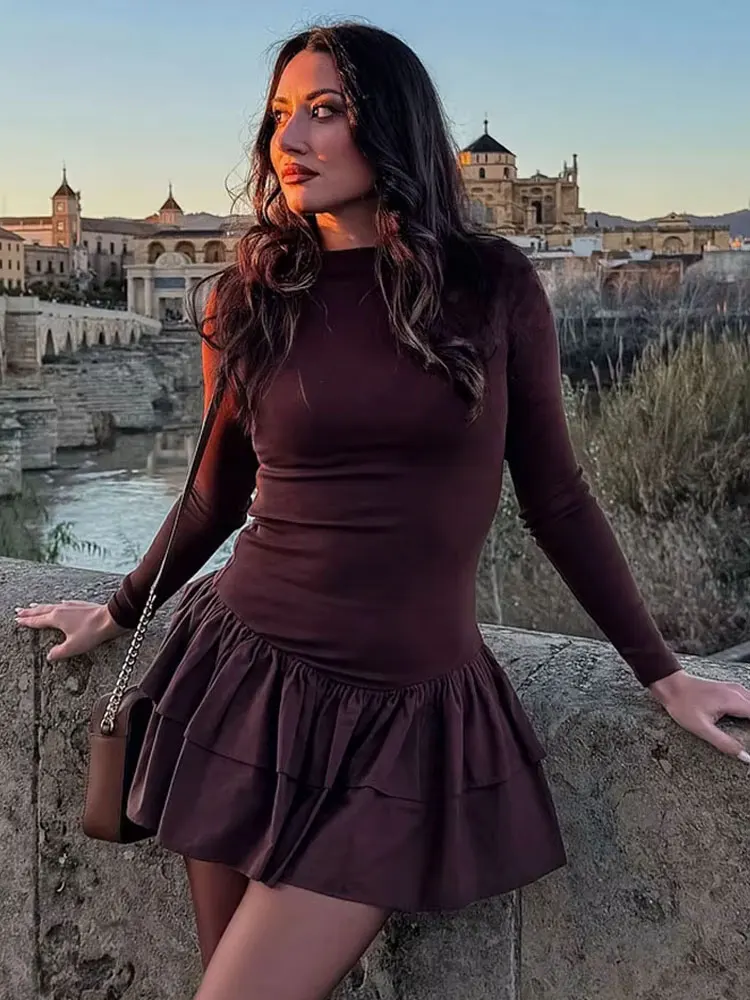 HH 2025 feminino elegante magro mini vestidos mangas compridas sólido barco pescoço com babados camadas primavera moda festa chique vestido